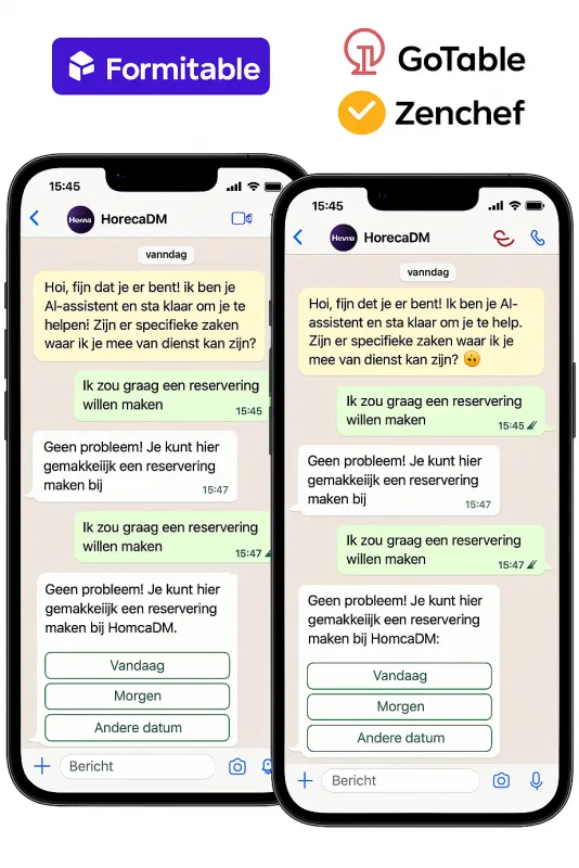 Twee telefoons met de WhatsApp-assistent van HorecaDM, met de logo’s van Formitable, GoTable en Zenchef