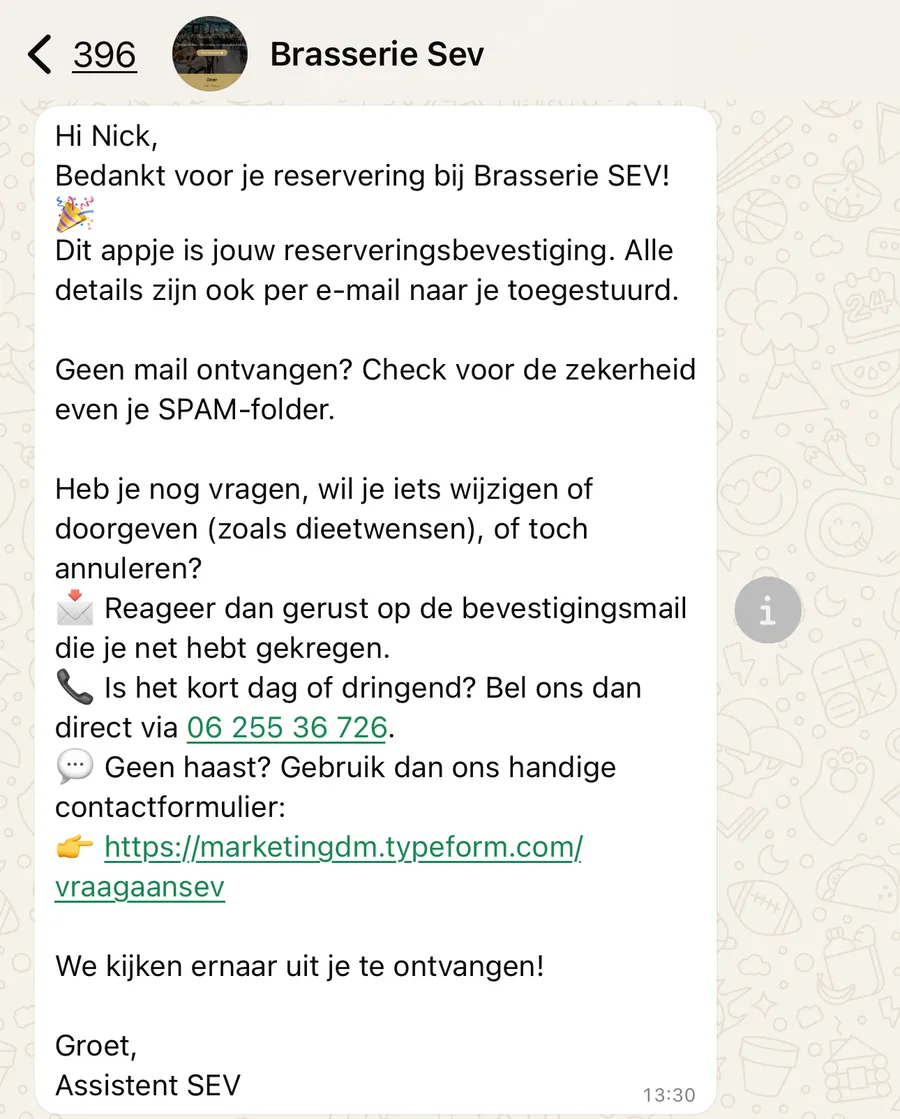 De reserveringsbevestiging van Brasserie Sev zoals de gast hem in WhatsApp ontvangt