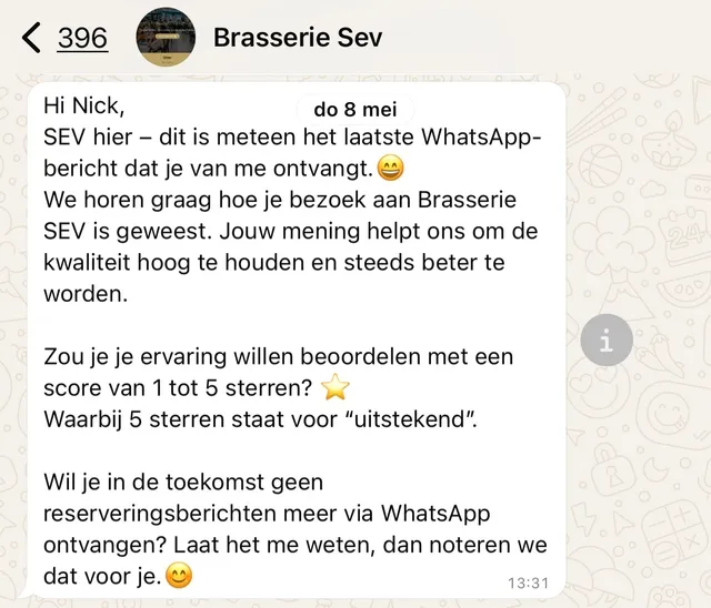 WhatsApp-bericht van Brasserie Sev de dag na het bezoek met de vraag om een beoordeling